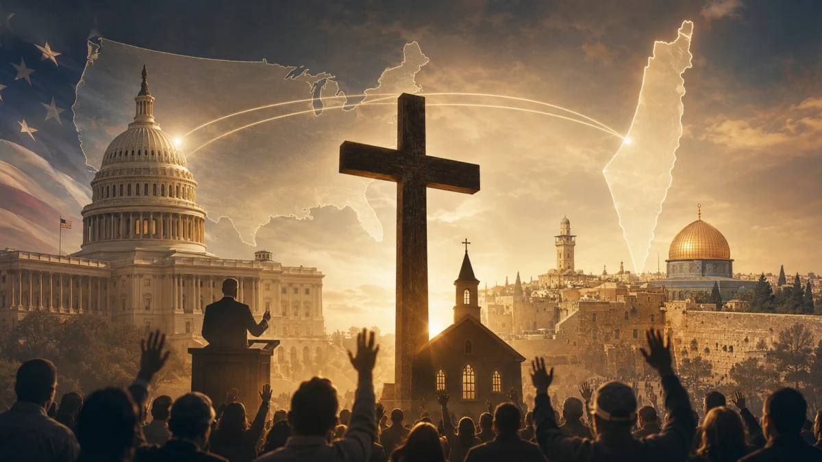 A symbolic scene with a large cross in the center, the U.S. Capitol on the left, Jerusalem on the right, and a crowd with raised hands in the foreground.