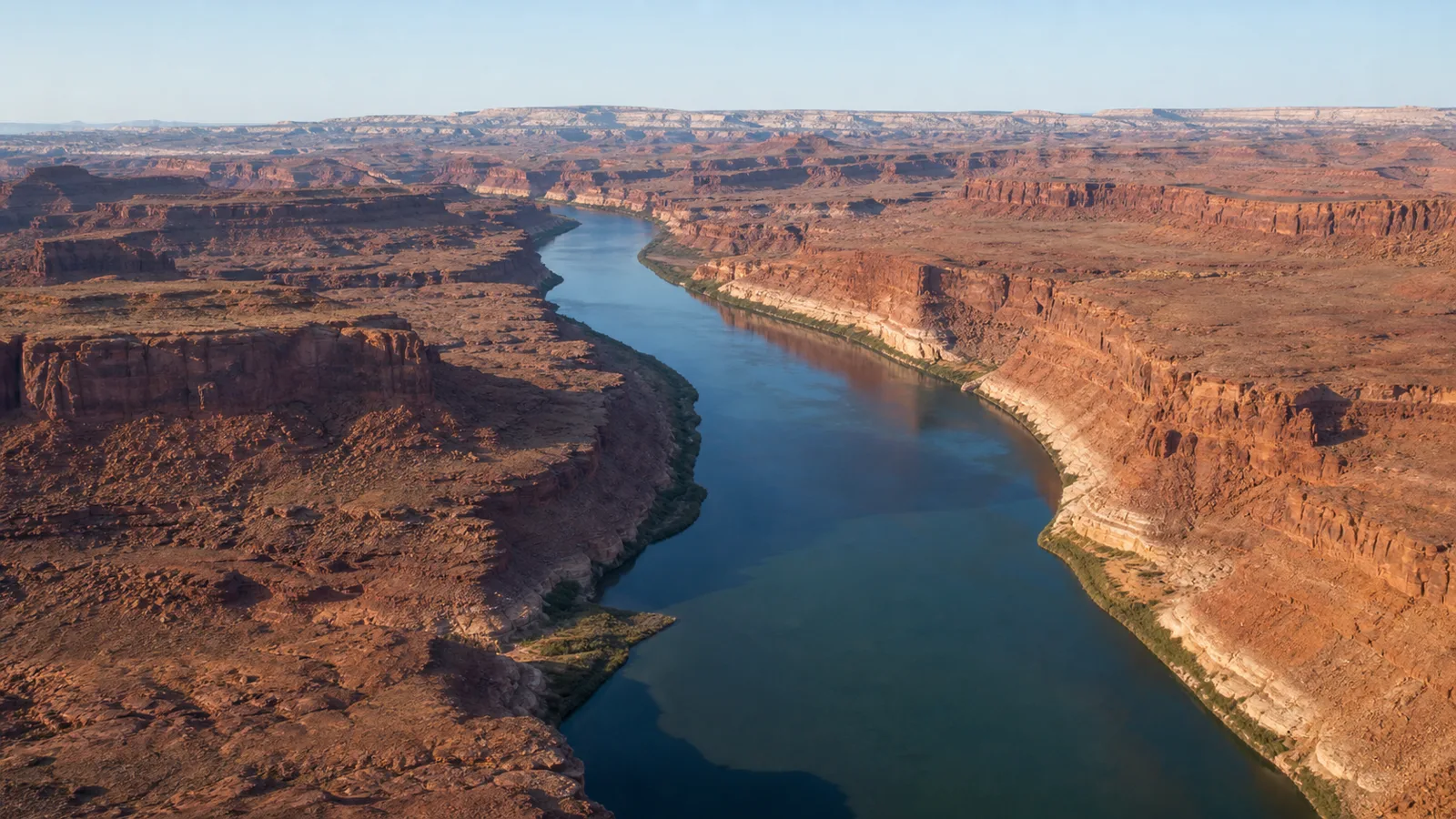 Aerial view of the Colorado River winding between vast red-rock canyon walls