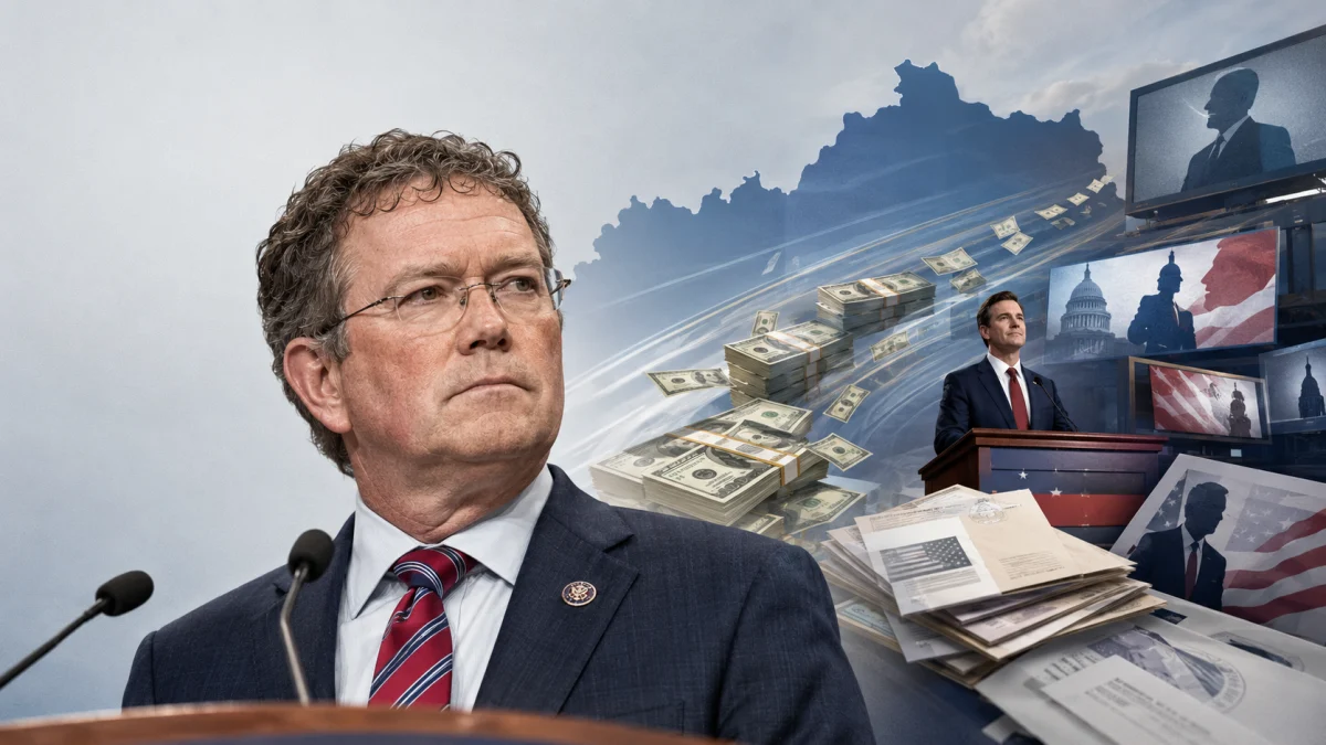 A suited politician at a podium with microphones, overlaid with stacks of cash, documents, and political imagery including screens and U.S. government symbols.