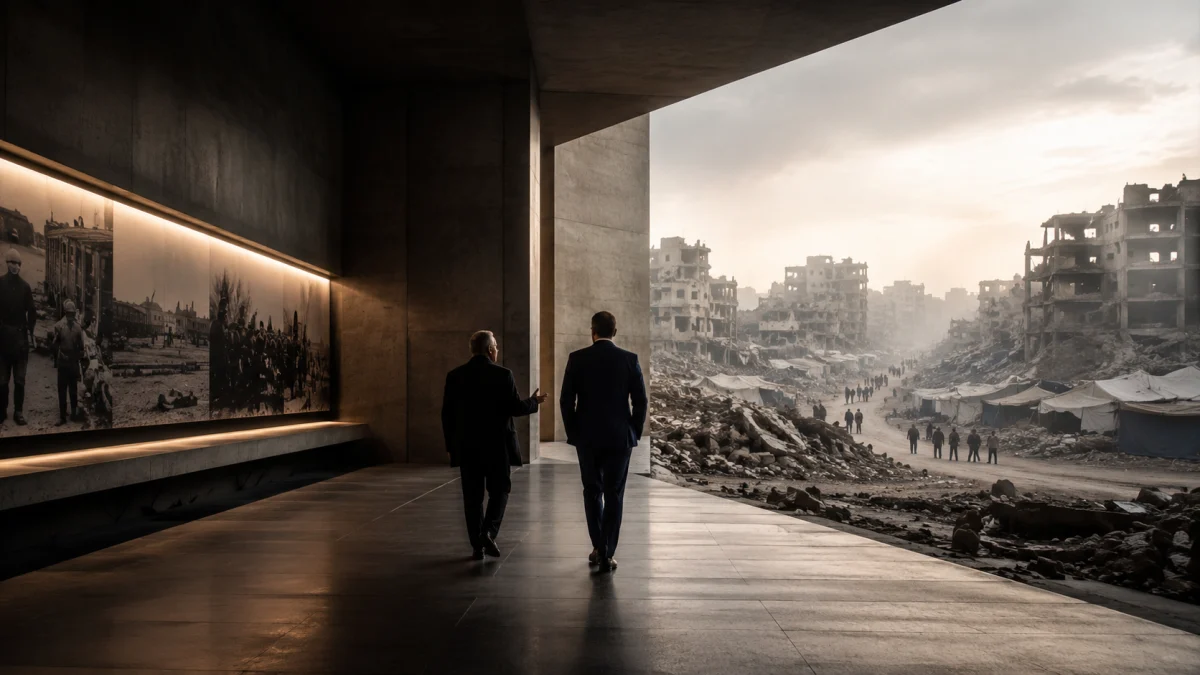 Two men in suits walk through a modern gallery opening onto a devastated cityscape with ruined buildings and debris.