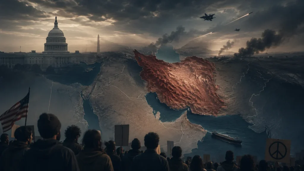 A dramatic composite showing the U.S. Capitol, a map of the Middle East, smoke, military aircraft, and a crowd of protesters.
