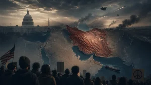 A dramatic composite showing the U.S. Capitol, a map of the Middle East, smoke, military aircraft, and a crowd of protesters.