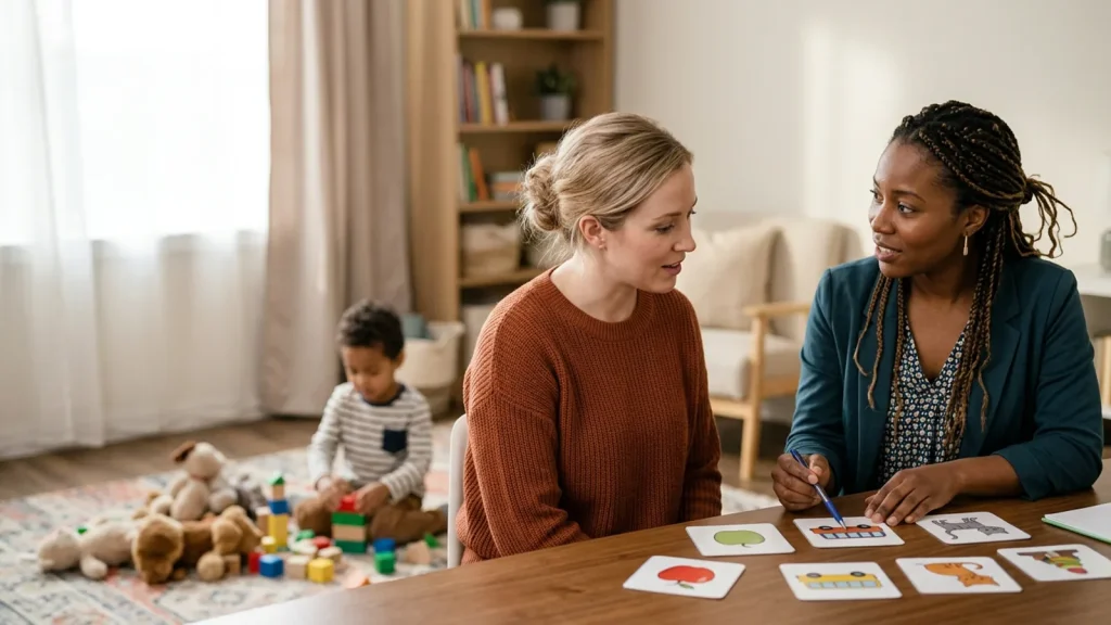 Speech-language pathologist and parent reviewing communication supports with a child.
