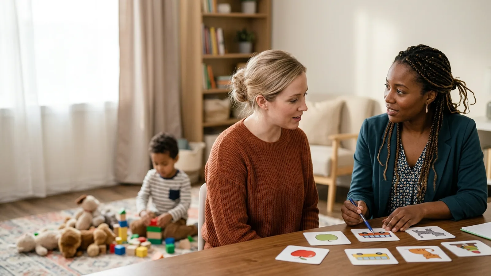 Speech-language pathologist and parent reviewing communication supports with a child.