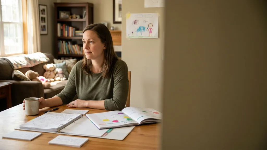 Parent reviewing therapy goals and support options with notes at a table.