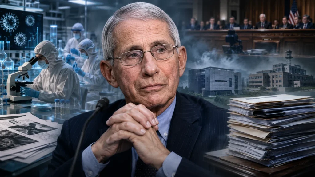 Dr. Anthony Fauci shown in front of a collage of scientists, government officials, laboratory scenes, and stacks of documents.