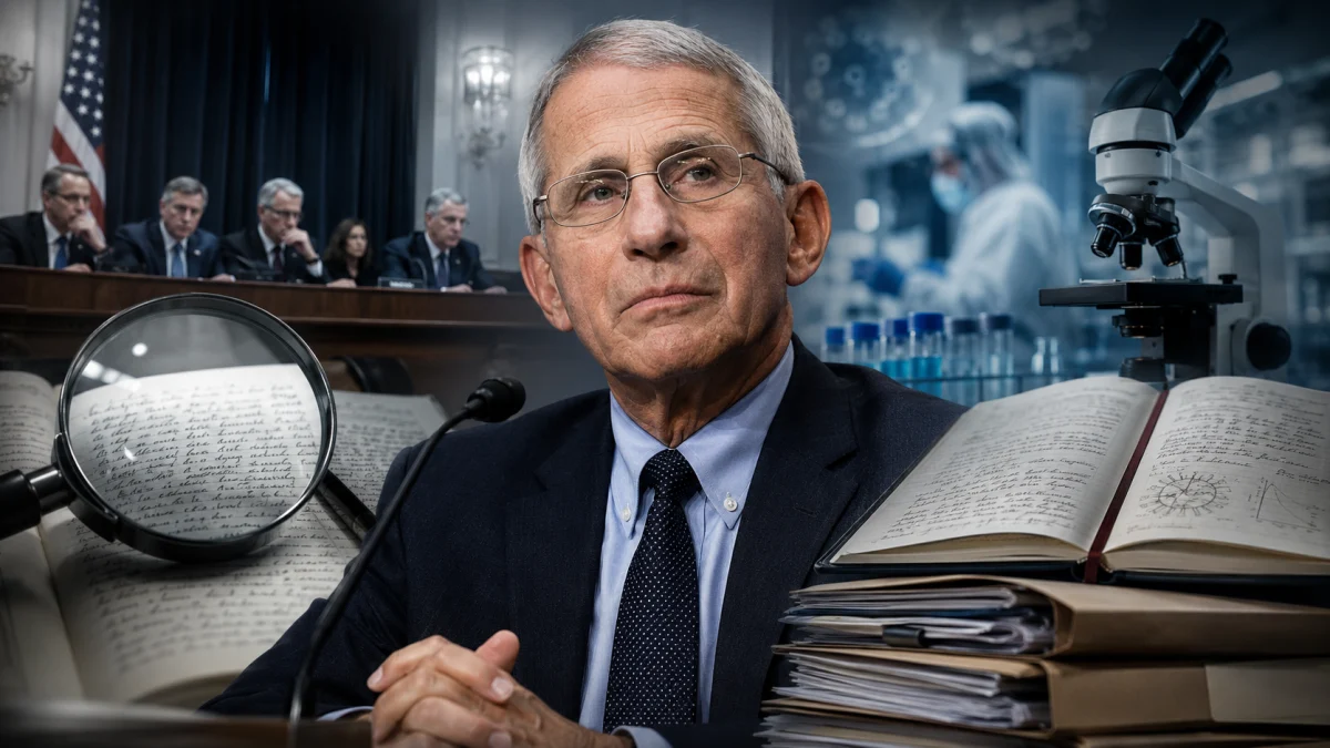 An older man in a suit sits at a hearing table, with a microscope, lab imagery, open notebooks, and a magnifying glass layered around him.