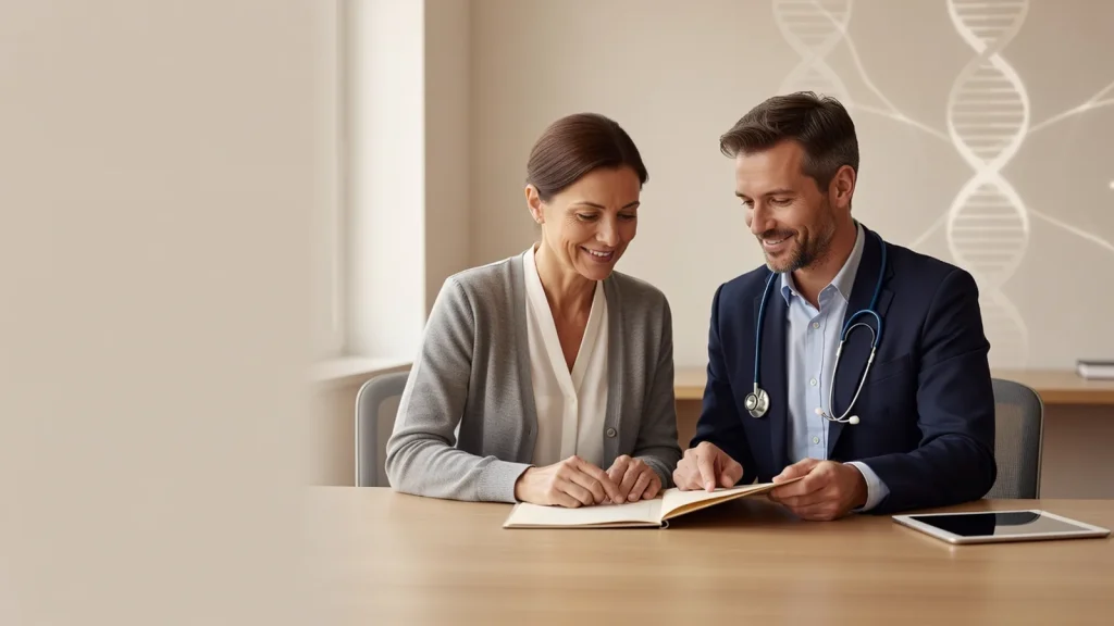 Parent reviewing genetic testing notes with a clinician in a calm office.