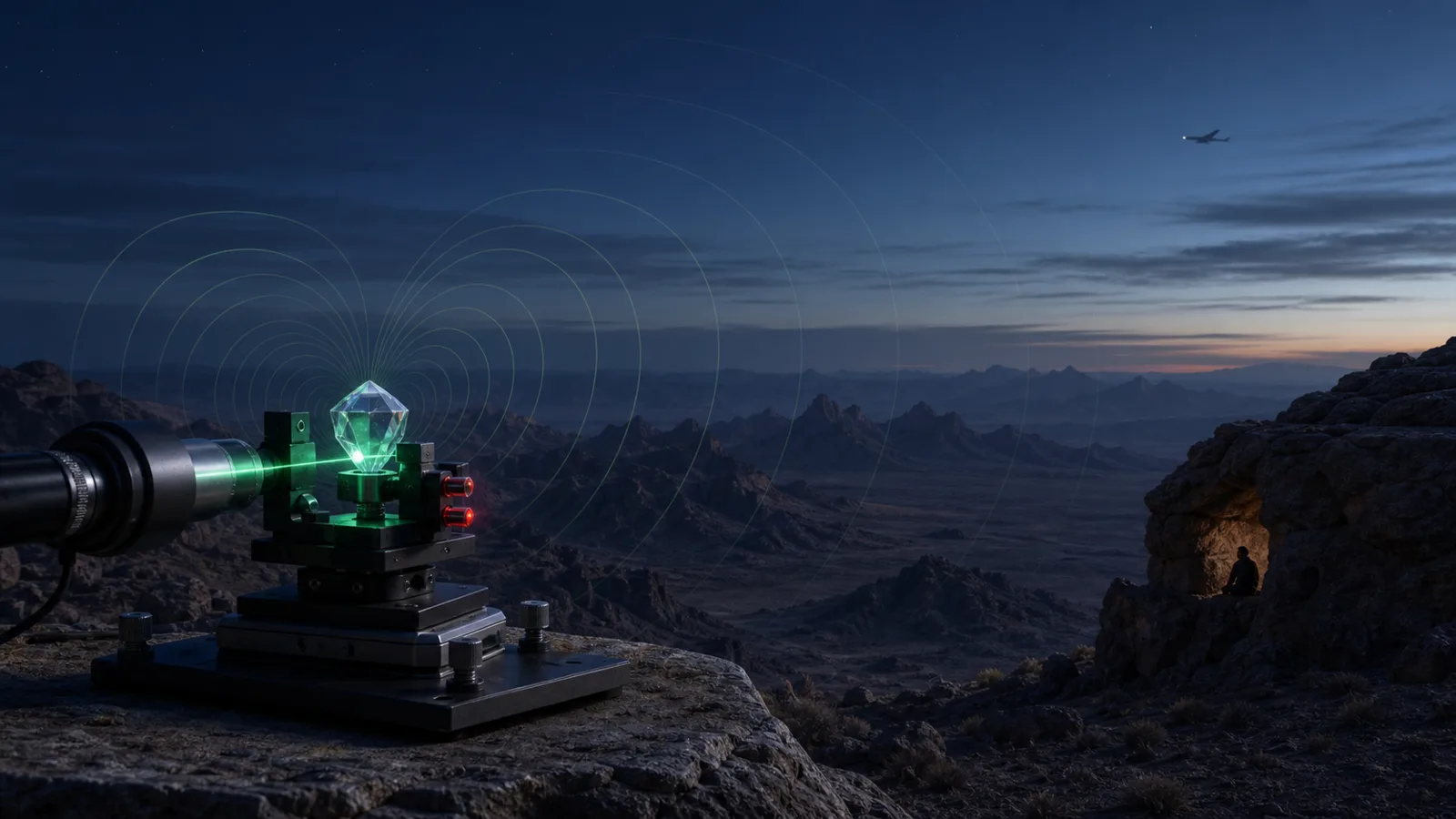Conceptual diamond quantum sensor above a dark mountain desert with faint magnetic field contours and a distant aircraft