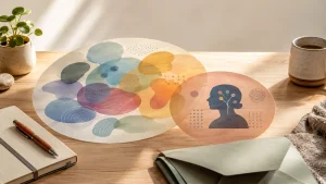 Editorial illustration of overlapping paper cards on a desk, suggesting the distinction between broad neurodivergence and autism-specific support needs.