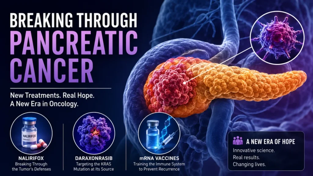 Illustration of a pancreas with a tumor and callouts for NALIRIFOX, daraxonrasib, and mRNA vaccines.