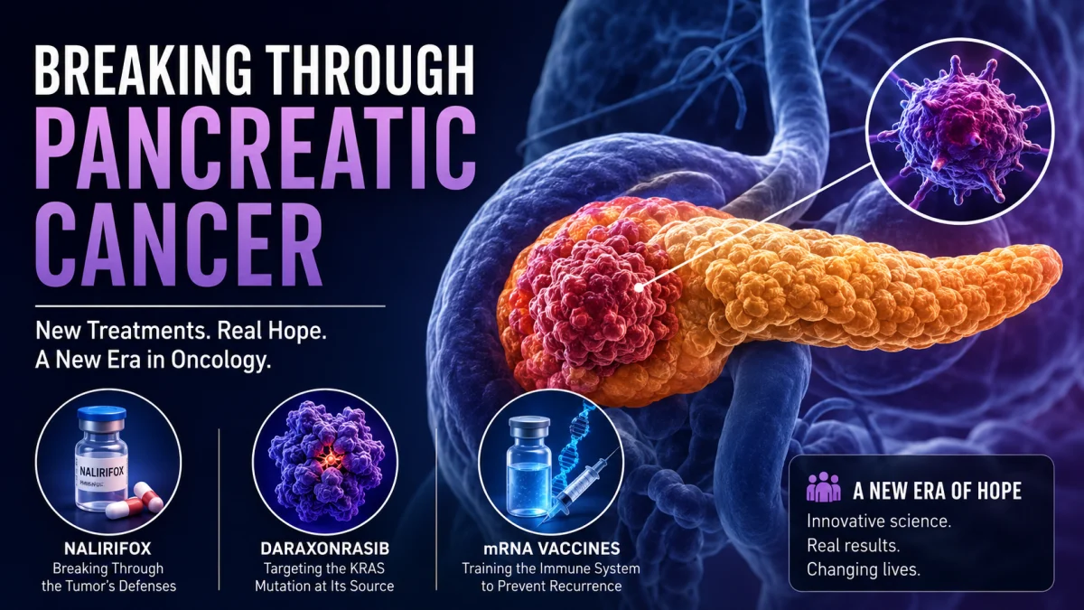 Illustration of a pancreas with a tumor and callouts for NALIRIFOX, daraxonrasib, and mRNA vaccines.