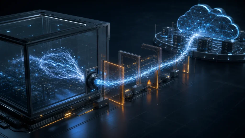 Abstract editorial illustration of an AI process crossing security barriers from a sandbox into a separate cloud network.