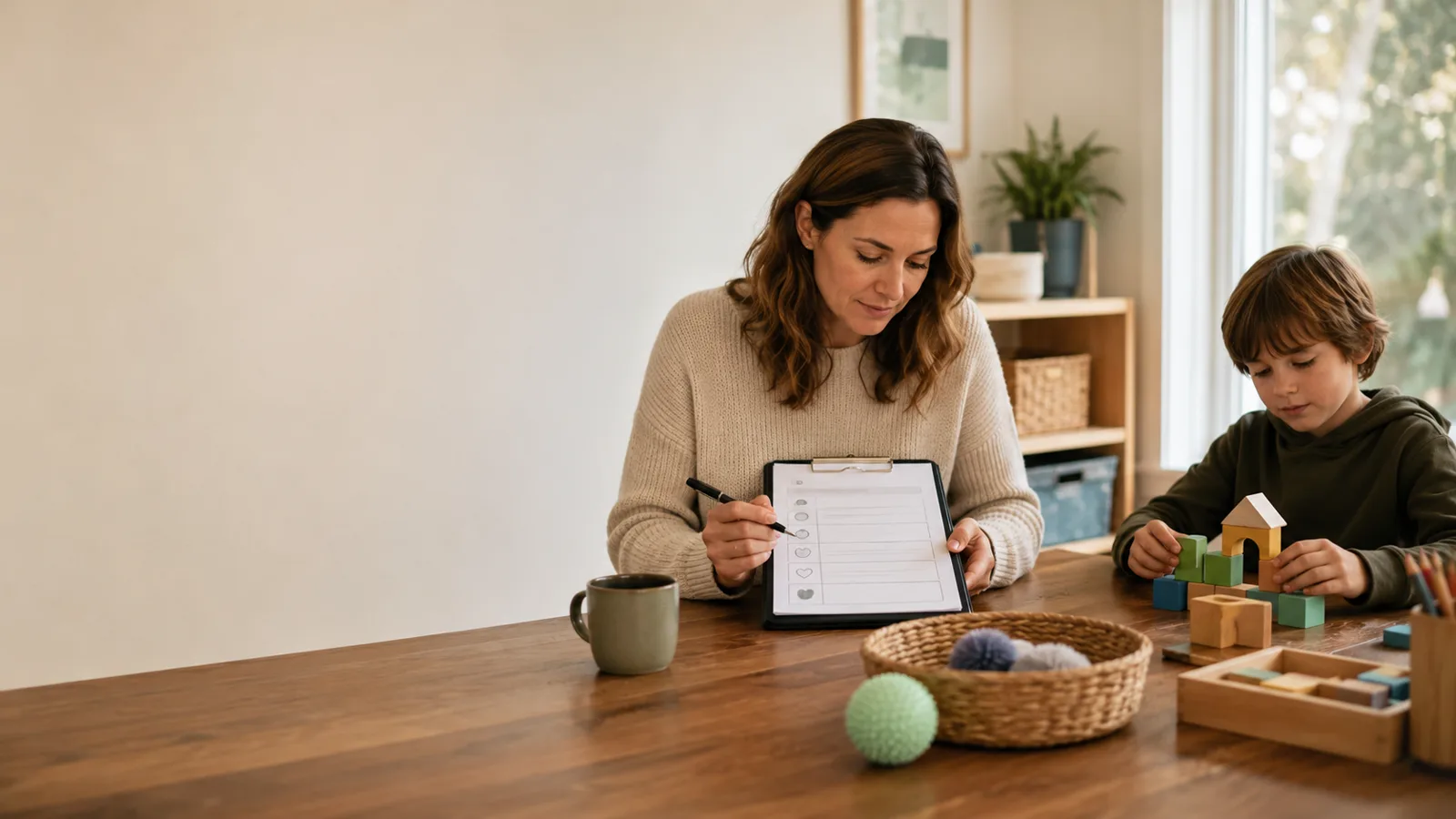 Parent reviewing a demand and support plan for an autistic child.