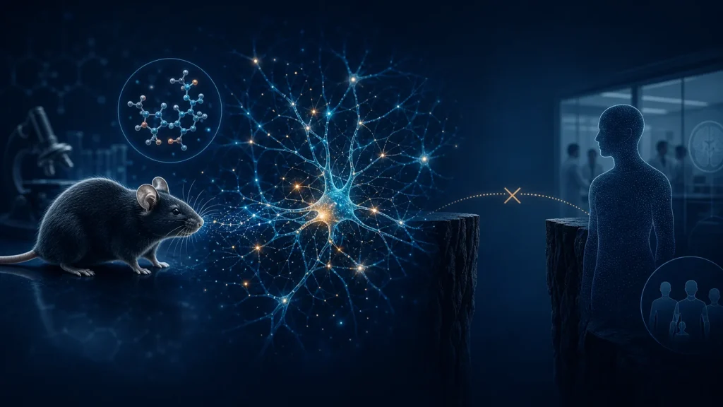 Editorial illustration separating a laboratory mouse brain-network study from unproven human treatment.