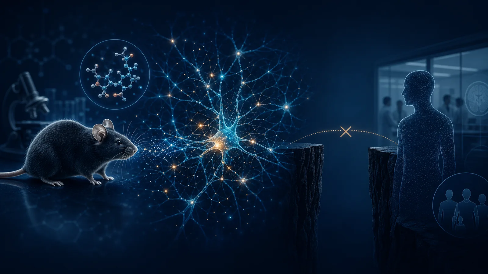 Editorial illustration separating a laboratory mouse brain-network study from unproven human treatment.
