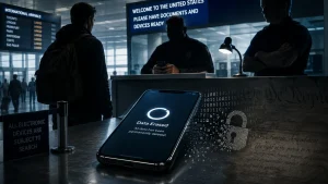 A smartphone on a counter displays 'Data Erased' while security officers stand at an airport screening desk with signs about electronic device searches and U.S. entry documents.