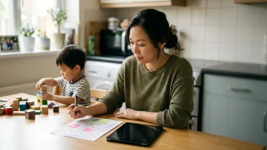 Parent reviewing a tablet use schedule while a child plays nearby.