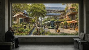 A gray civic room opens through a large window onto a sunny neighborhood with solar canopies, gardens, bicycles, and electric transit.