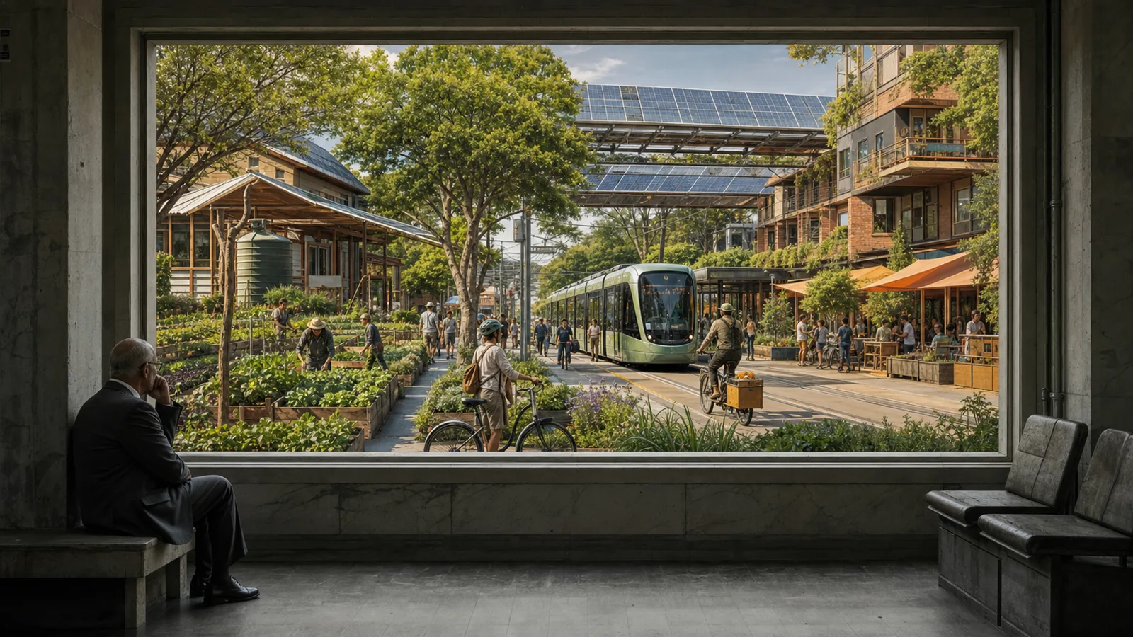 A gray civic room opens through a large window onto a sunny neighborhood with solar canopies, gardens, bicycles, and electric transit.
