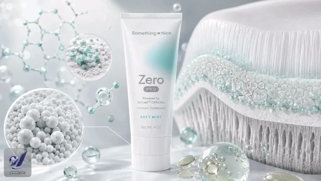 A white tube of Zero Pro soft mint toothpaste displayed among glossy molecular spheres and a textured white brush head in a clean, futuristic composition.
