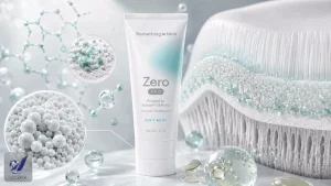 A white tube of Zero Pro soft mint toothpaste displayed among glossy molecular spheres and a textured white brush head in a clean, futuristic composition.