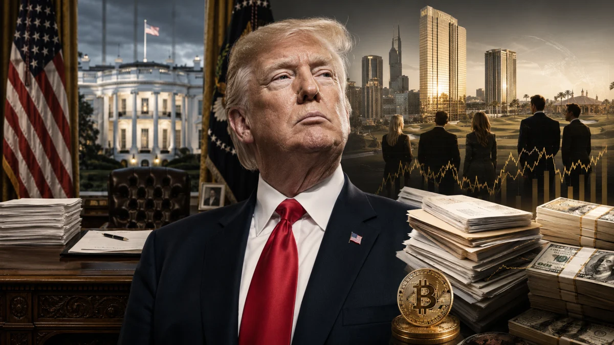 Donald Trump stands in the Oval Office with stacks of cash, a Bitcoin coin, and a city skyline overlay in the background.