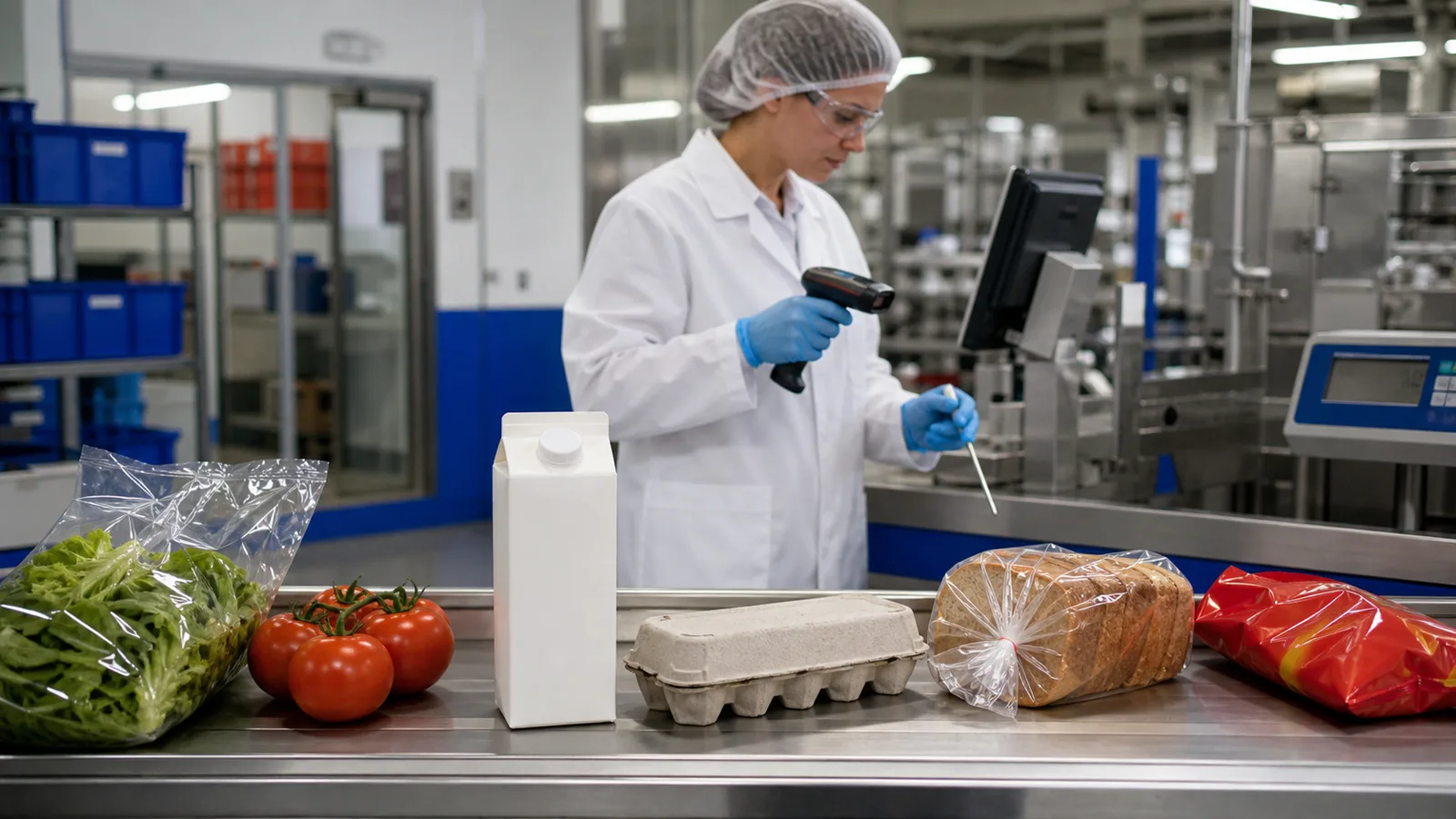 A food-safety technician scans groceries and checks temperature on a stainless-steel inspection line.