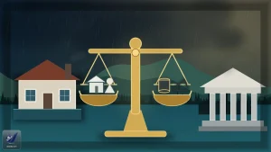 Illustration of a gold balance scale weighing a house and family on one side and a courthouse on the other in a rainy landscape.