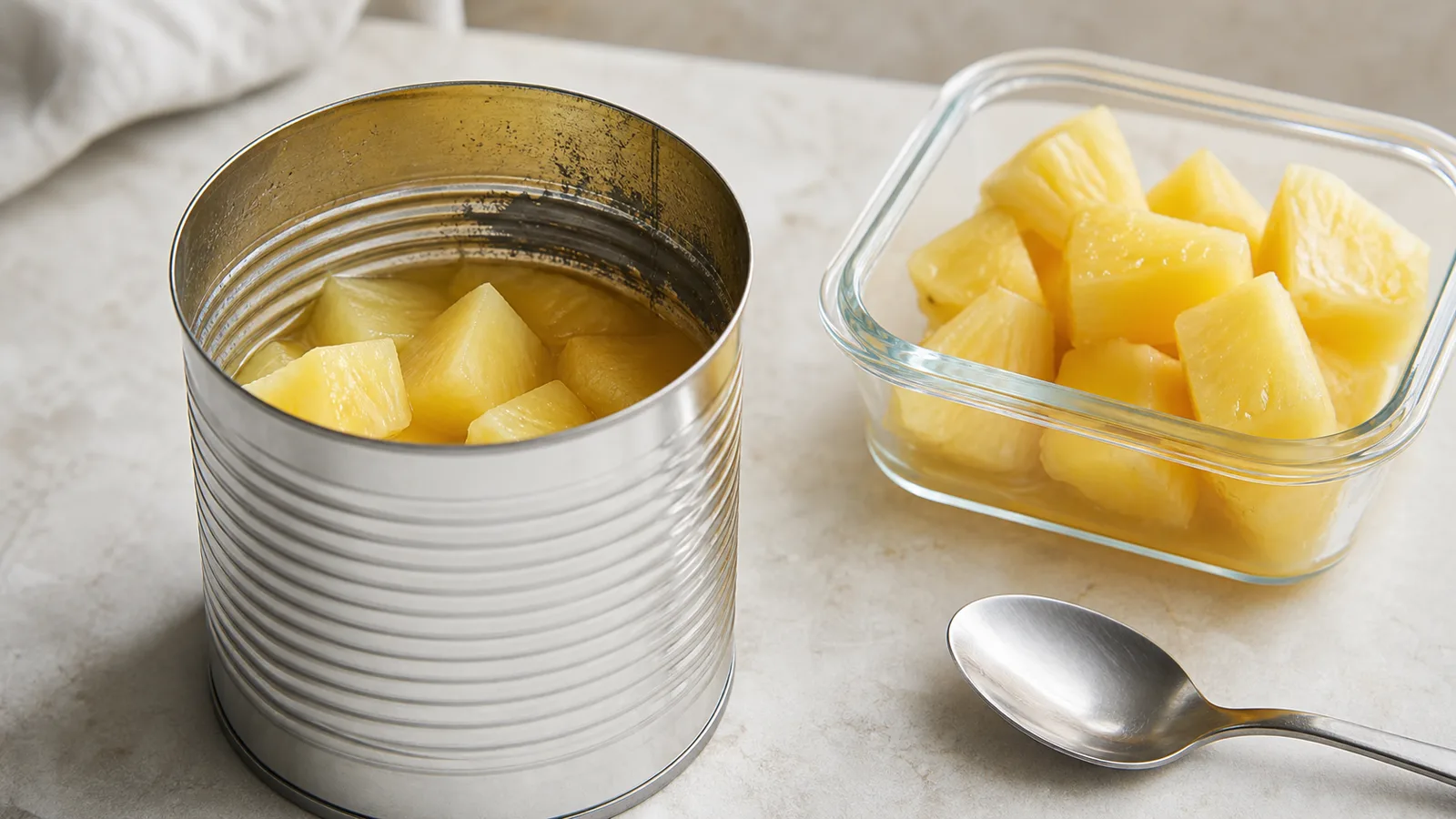 Open pineapple can with a dark gray stain along the inner metal wall beside pineapple chunks in a glass storage container.