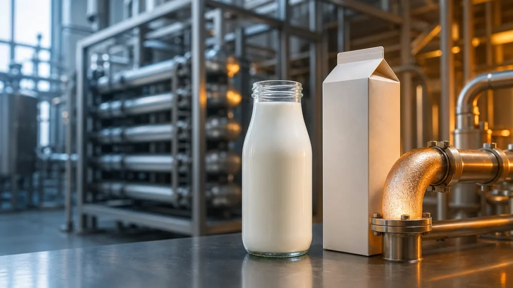 A glass bottle and plain paper milk carton beside stainless-steel dairy processing equipment lit in cool and warm tones.