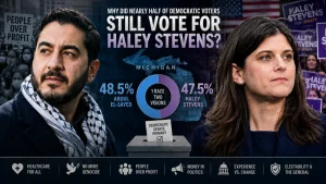 Campaign-style graphic comparing Abdul El-Sayed and Haley Stevens in the Michigan Democratic Senate primary, with vote percentages and political slogans.