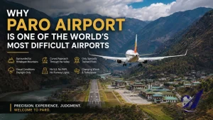 Promotional graphic showing an airplane approaching Paro Airport in a narrow Himalayan valley with text explaining why it is one of the world’s most difficult airports.