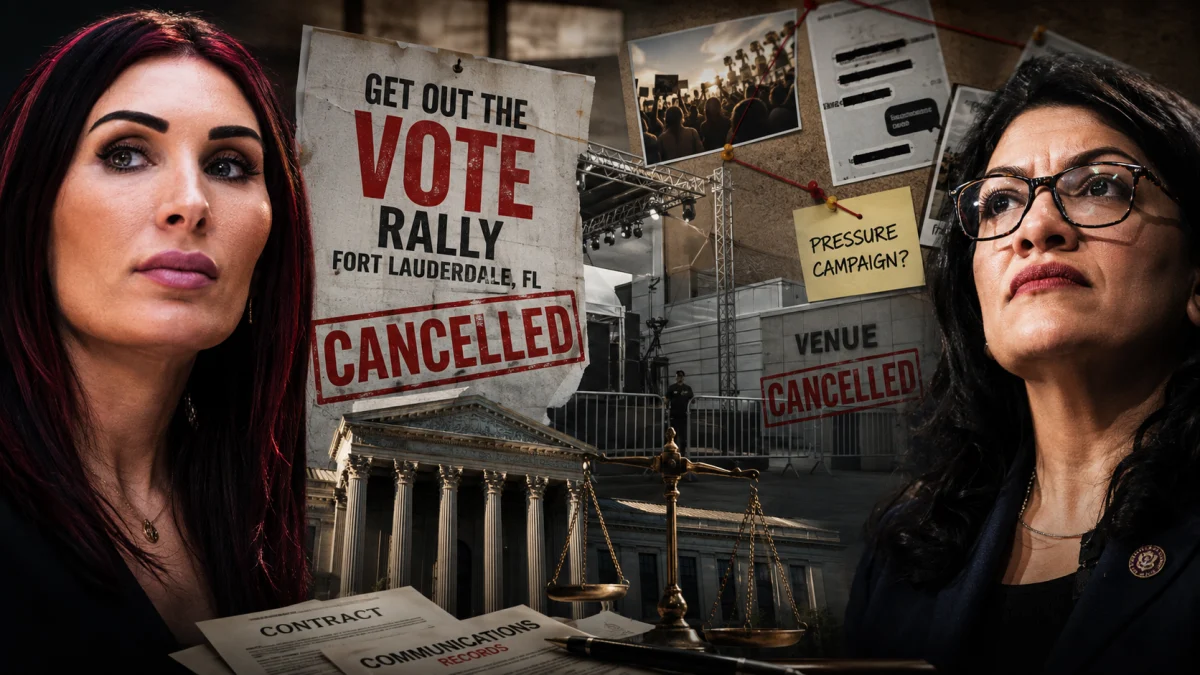 Composite image showing Laura Loomer and Rashida Tlaib beside a canceled rally sign, courthouse imagery, and legal documents.
