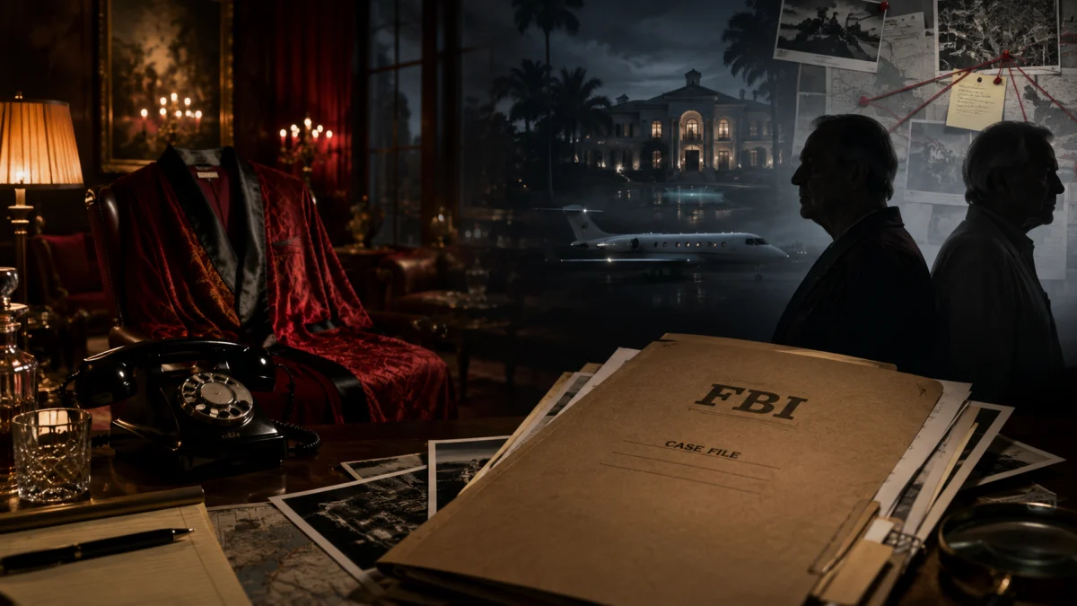 A dramatic collage showing an FBI case file, vintage office items, silhouettes of two men, a mansion, and a private jet.