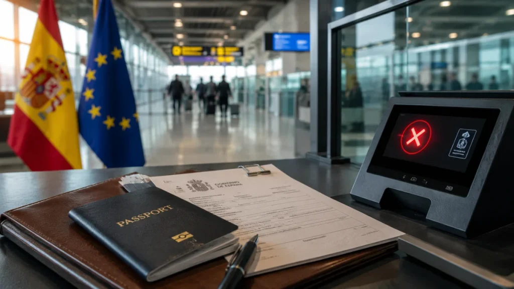 Spanish and European Union flags in an airport with a passport, entry form, and a screening device showing a red X.