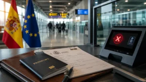 Spanish and European Union flags in an airport with a passport, entry form, and a screening device showing a red X.