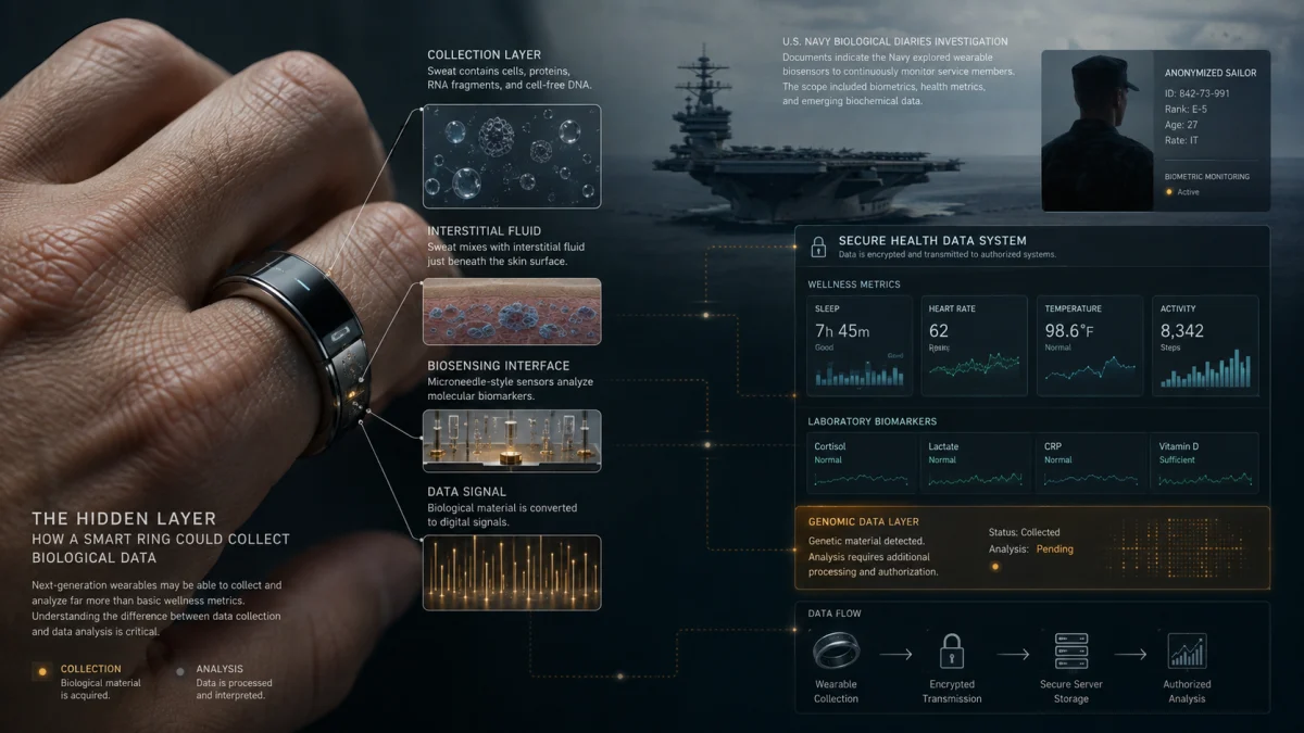 A close-up of a hand wearing a smart ring beside an infographic showing biological data collection, biosensing, encrypted transmission, and genomic data analysis.