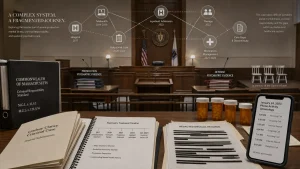 Courtroom with stacked legal files, redacted medical records, pill bottles, and a phone chronology illustrating evidence in the Lindsay Clancy case.