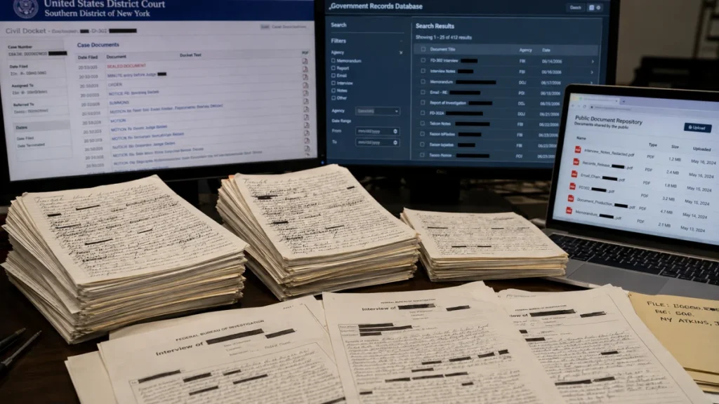 Stacks of redacted FBI interview notes and court documents spread across a desk in front of computer screens showing legal and government records databases.