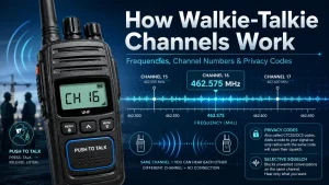 Illustrated walkie-talkie with a chart explaining channel frequencies, privacy codes, and push-to-talk operation.