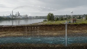 Cutaway illustration showing industrial smokestack emissions drifting over a river and seeping through soil toward an underground drinking-water well.