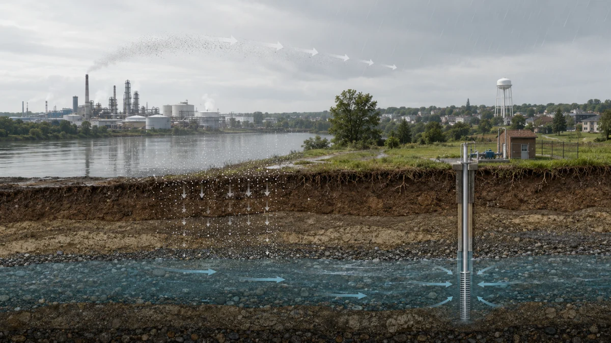 Cutaway illustration showing industrial smokestack emissions drifting over a river and seeping through soil toward an underground drinking-water well.
