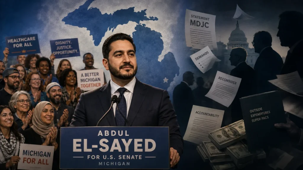 Abdul El-Sayed speaking at a campaign podium for U.S. Senate in Michigan, with supporters holding signs behind him and political documents and money shown in a dramatic background montage.