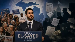 Abdul El-Sayed speaking at a campaign podium for U.S. Senate in Michigan, with supporters holding signs behind him and political documents and money shown in a dramatic background montage.