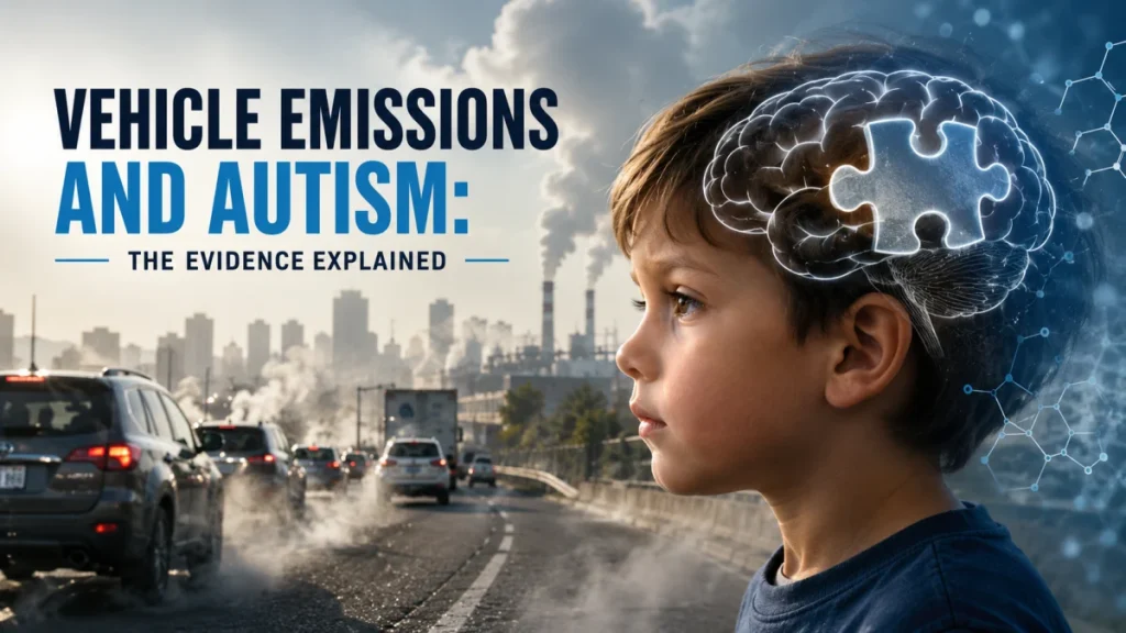 A young boy in profile with a glowing brain graphic, set against traffic and city smog, alongside the text 'Vehicle Emissions and Autism: The Evidence Explained.'
