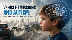 A young boy in profile with a glowing brain graphic, set against traffic and city smog, alongside the text 'Vehicle Emissions and Autism: The Evidence Explained.'