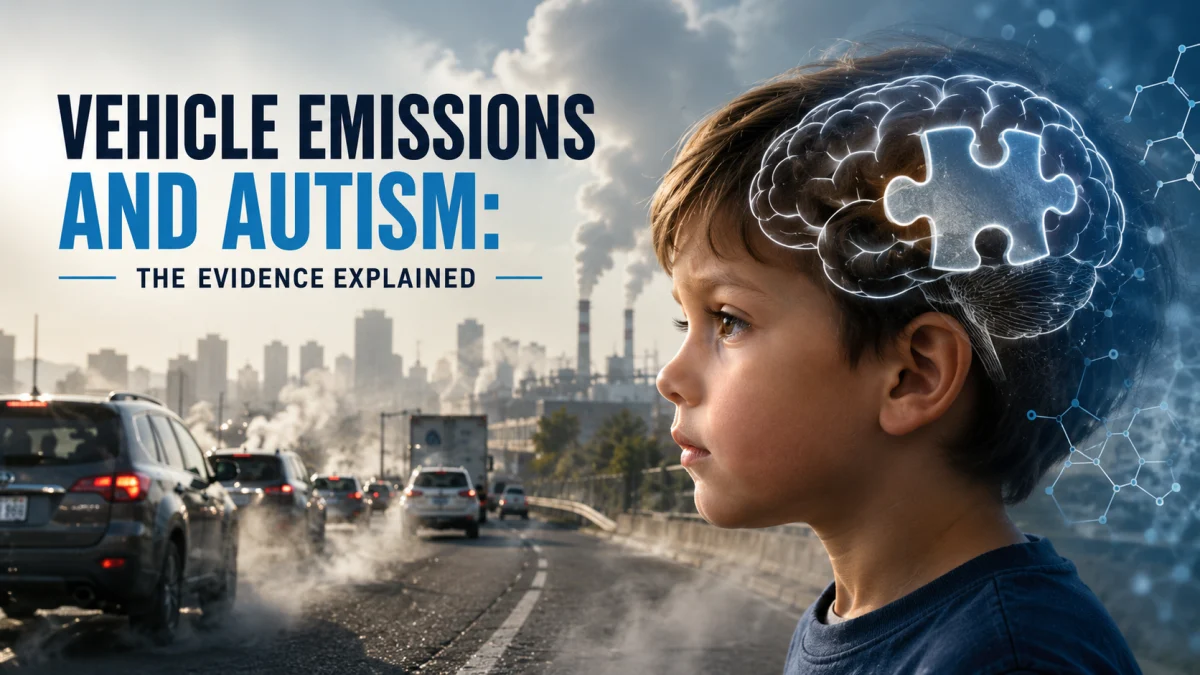 A young boy in profile with a glowing brain graphic, set against traffic and city smog, alongside the text 'Vehicle Emissions and Autism: The Evidence Explained.'