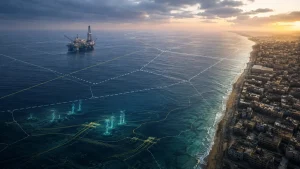 An offshore gas platform near a densely built Gaza coastline at sunset, with map-style boundary lines over the sea.