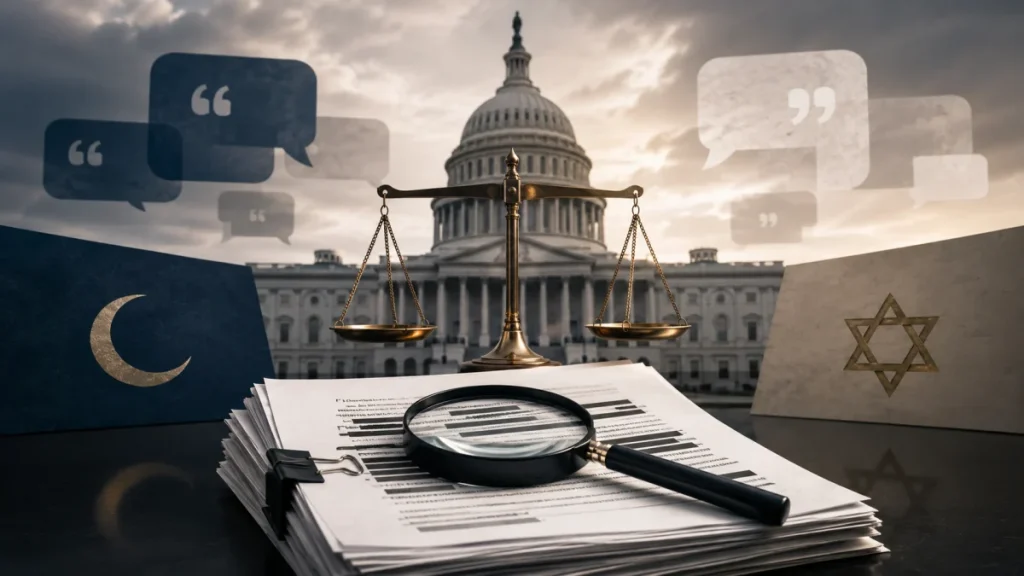 Scales of justice, magnifying glass, and documents in front of the U.S. Capitol, flanked by Muslim and Jewish symbols and speech bubbles.